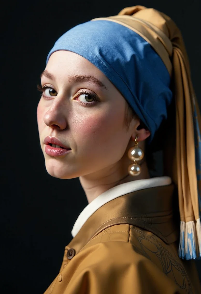 Suzanne Schulting, a woman with a striking blue and gold turban gazes pensively, her luminous pearl earring catching soft light; a muted, dark background enhances her serene beauty, reminiscent of Vermeer’s masterful chiaroscuro. (extremely detailed CG unity 8k wallpaper), High Detail, Sharp focus