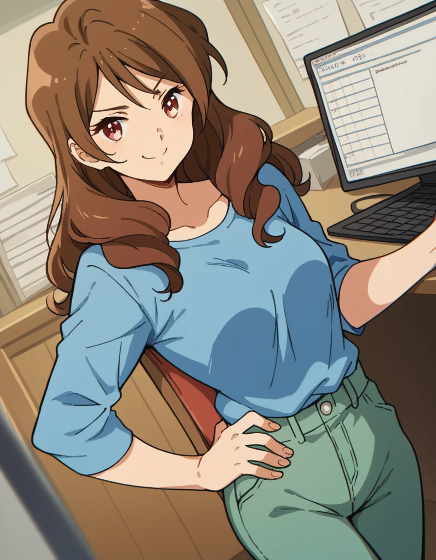 score_9, score_8_up, score_7_up, source_anime, <lora:mamiko-oumae-s2-ponyxl-lora-nochekaiser:1>, mamiko oumae, long hair, brown hair, red eyes, medium breasts,, shirt, pants, blue shirt, collarbone,, office, desk, computer, chair, paperwork, smile, smug, hand on hips,, looking at viewer, solo,, dutch angle, cowboy shot