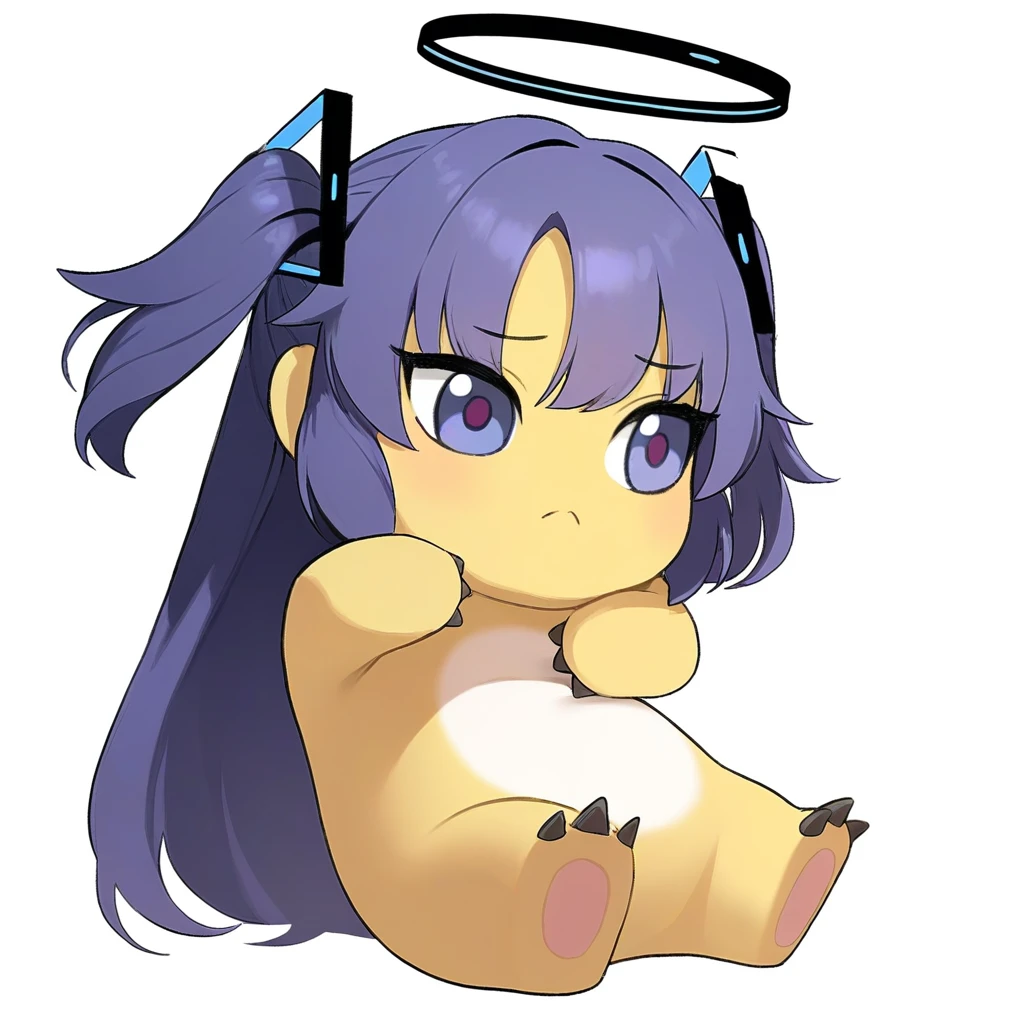 (nailong), no humans,yellow skin,pokemon \(creature\),
yuuka_(blue_archive),purple eyes,halo,two side up,long hair,purple hair,
full body,
simple background, white background,
best quality, masterpiece,
<lora:nailong_noob_ep50_v1-000010:1>