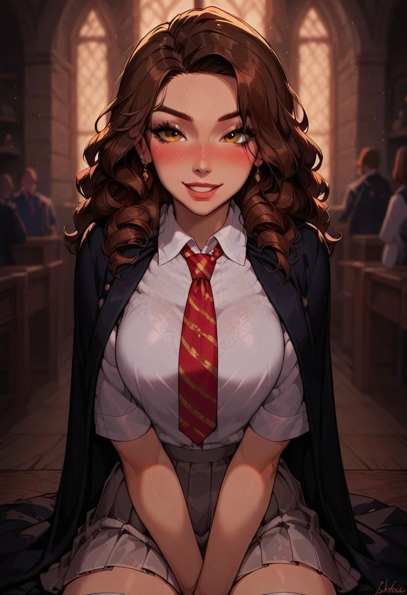 safe_pos, score_9, score_8_up, score_7_up, score_6_up, Expressiveh, very aesthetic, cute, sexy, hot, blush, flushed, blushing, bokeh:1.2, palindromeshpherm, (gray pleated skirt, Hogwarts school uniform, black cloak, white dress shirt, red and gold tie), (smile, smiling), 