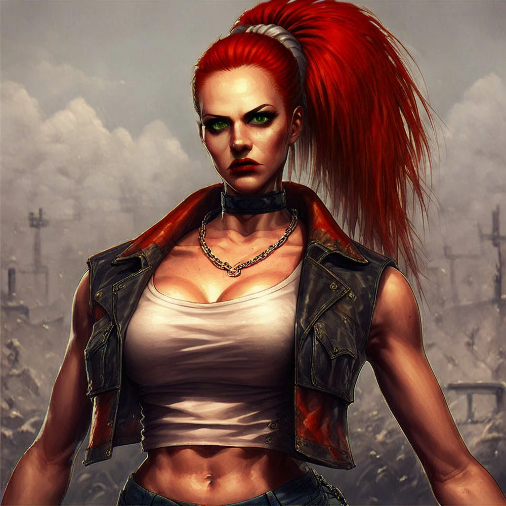Brody Dalle with red long hair (super saiyan red hair) and a really big muscular body wearing red militar pants and a black top, without tatoos and tiger stripes in her skin and a big nude breast in a destroyed city, cinematic, dramatic lighting, 4K, 8K, HD
