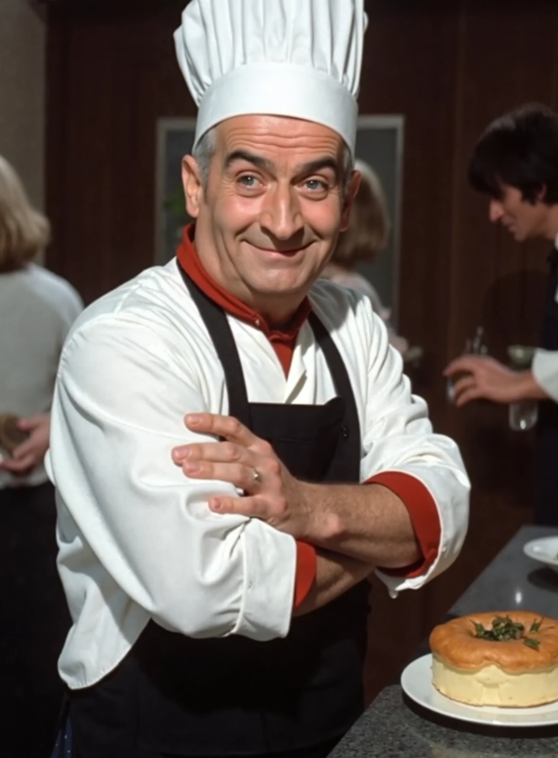 this high quality photo is depicting legendary french actor Louis de Funes a man 49 years old (defunex) that play a great chef, cooking a delicious soufflé au fromage, fantastic food in front of him, he is looking proudly at the viewer, a sense of great confidence in his eyes, his stance is straight and brave, he is wearing a cook uniform and apron, and a red casual shirt underneath, ridiculously silly scene, real life, cinematic lighting, dynamic lighting, dramatic lighting, filmed by stanley kubrick, 2001 a space odyssey vibe, film grain, great composition, mysterious atmosphere, grin, happy mood