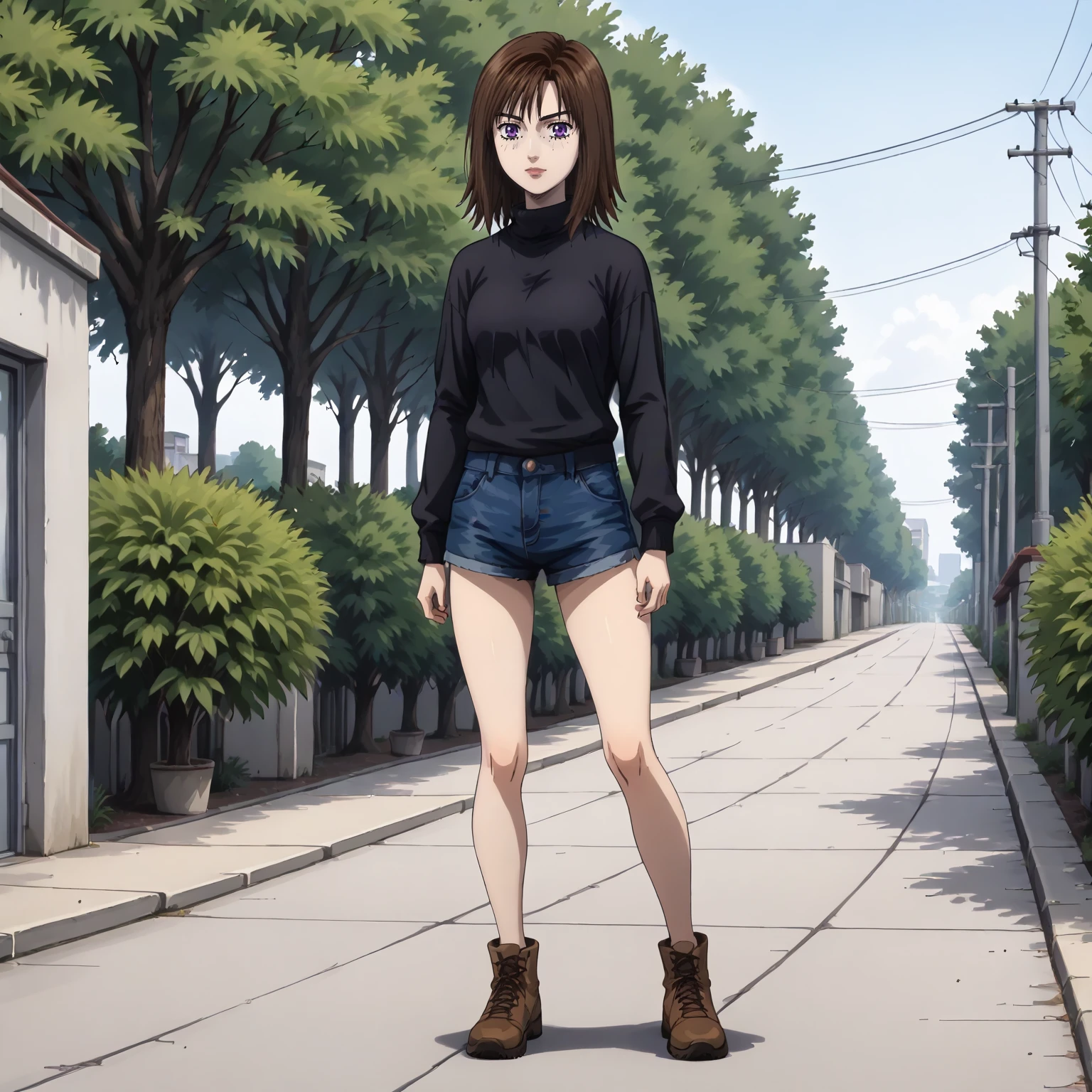 <lora:ID_KyokoIwaseXLpony003:0.8>,
outdoors,
solo,
KyokoIwase,1girl,brown hair,medium hair,bangs,purple eyes,
black sweater,turtleneck,
denim shorts,
full body,standing,