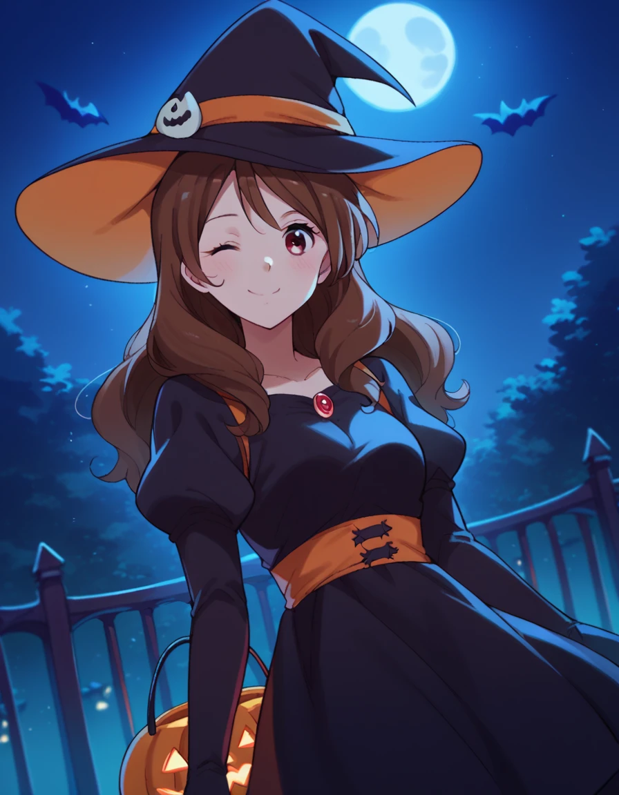 score_9, score_8_up, score_7_up, source_anime, <lora:mamiko-oumae-s2-ponyxl-lora-nochekaiser:1>, mamiko oumae, long hair, brown hair, red eyes, medium breasts,, <lora:witch-ponyxl-lora-nochekaiser:1>, witch, hat, witch hat, dress, halloween, halloween costume, jewelry,, night, moon, blush, smile, one eye closed,, , dutch angle, cowboy shot