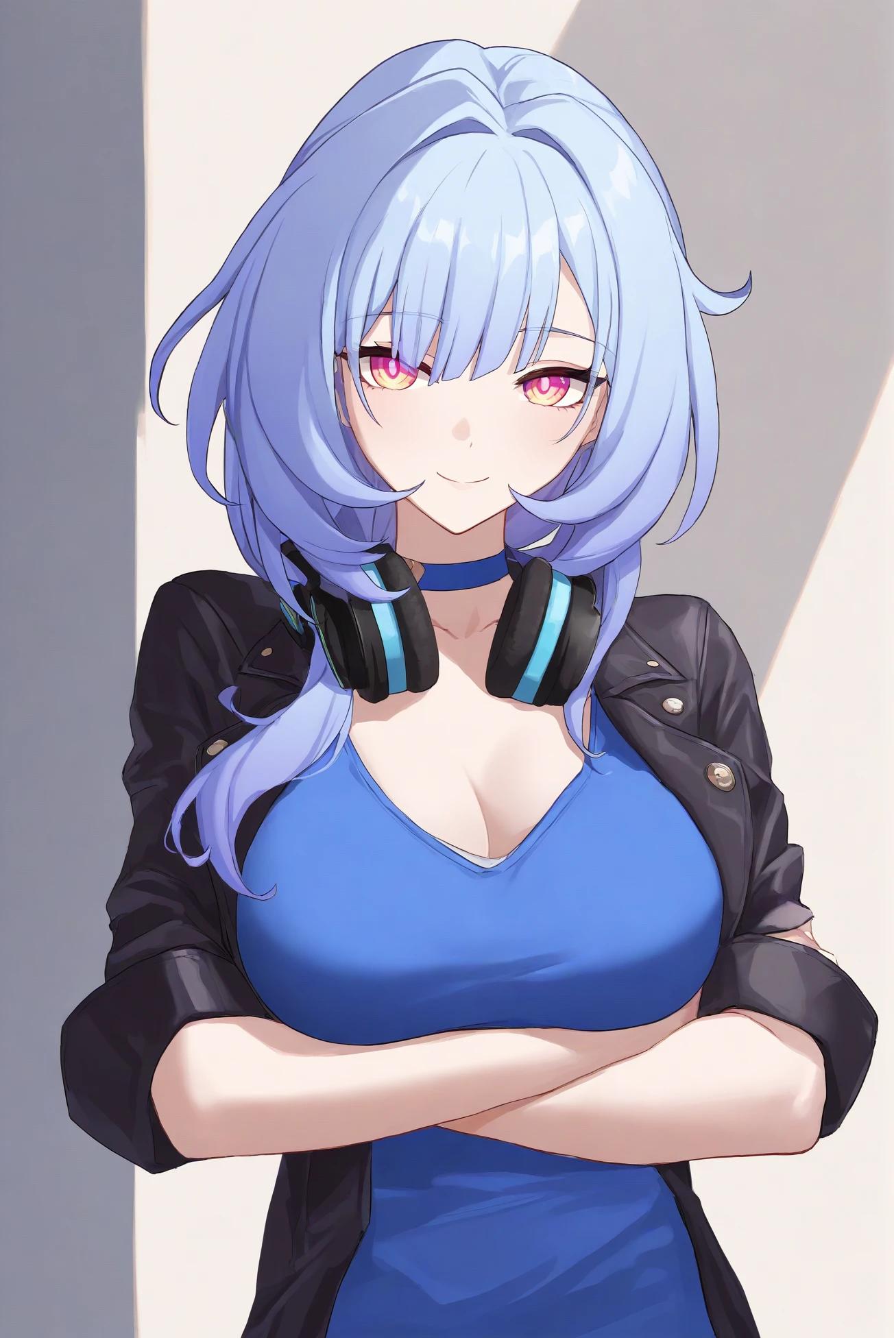 masterpiece,best quality,very aesthetic,absurdres,highly detailed limb anatomy,ray tracing,
herrscher_of_corruption \(honkai_impact\),1girl,solo,breasts,headphones,jacket,choker,long_hair,large_breasts,crossed_arms,looking_at_viewer,smile,blue_jacket,blue_choker,blue_shirt,open_clothes,open_jacket,upper_body,blue_hair,orange_eyes,arms_under_breasts,
<lora:corruption-000006:0.6>,