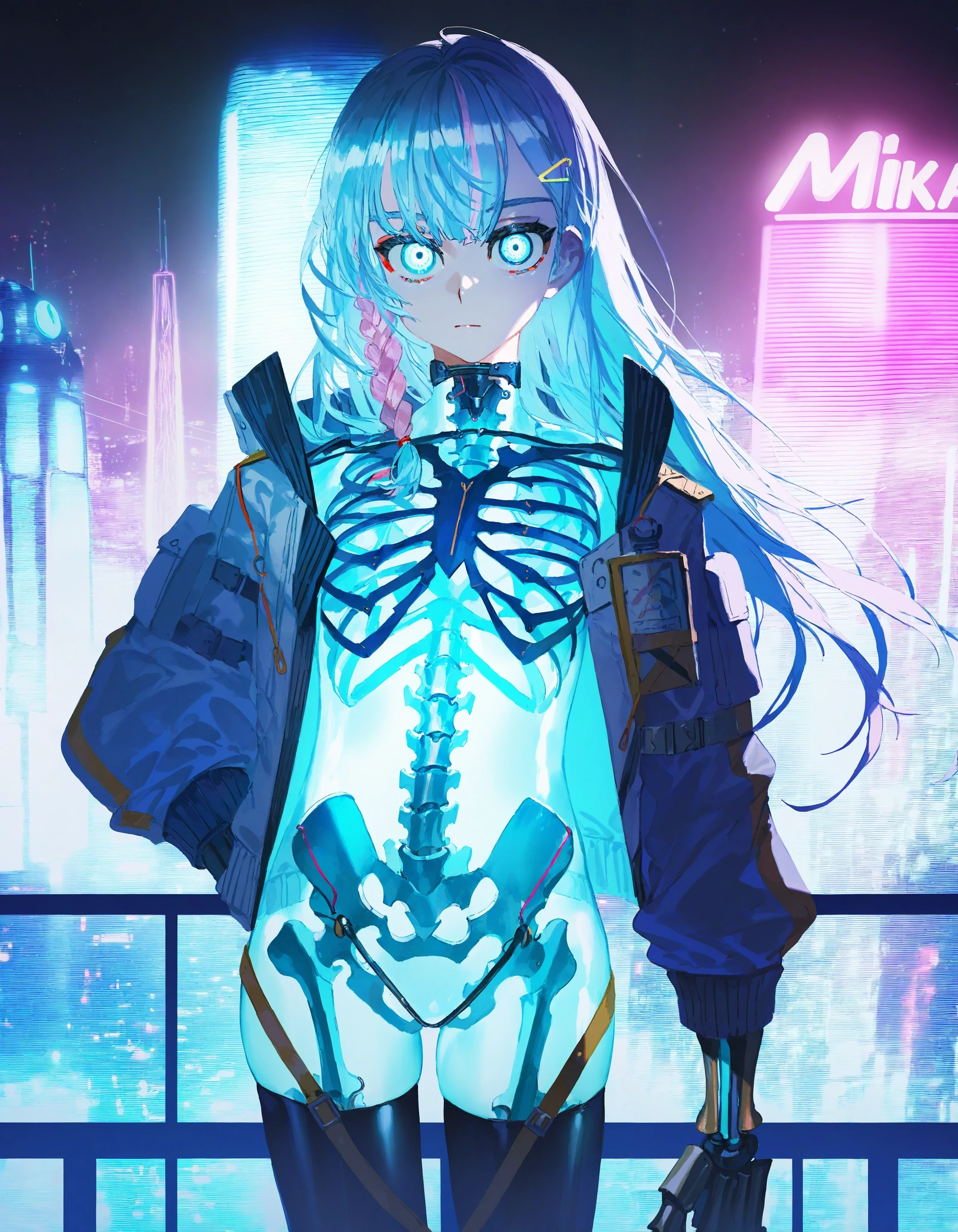 masterpiece, newest,
xilmo, ciloranko, mika pikazo, quasarcake,
1girl, see-through body, skeleton, organs,
robot, science fiction, mechanical arms, mechanical legs, mechanical parts,
cyberpunk, neon lights, open jacket, belt, tactical clothes, side braid, straight hair, pink hair, blue hair, gradient hair,
glowing eyes, looking at viewer, pose, cityscape, night, city lights
<lora:concept_hollowbody-ill_1:1>