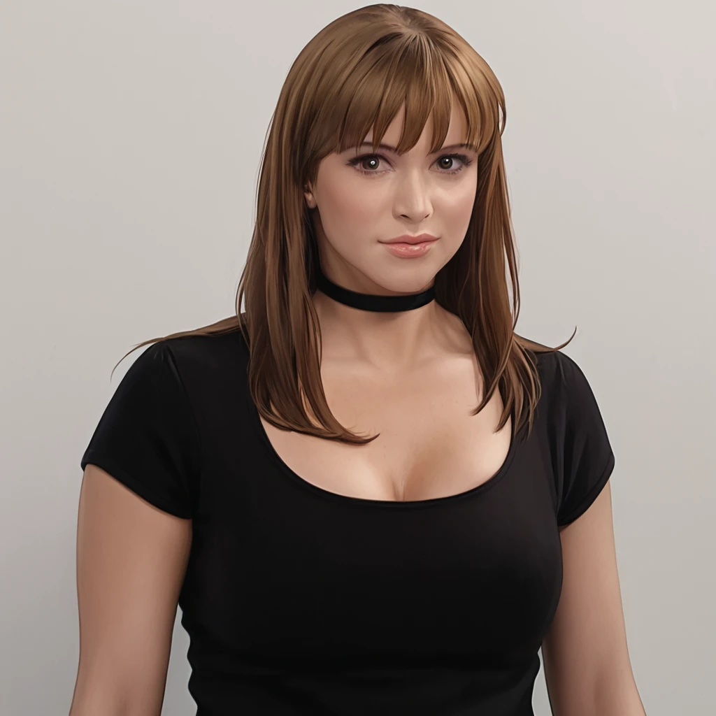 masterpiece, best quality,  <lora:Pony_Stephanie_McMahon:1>,$tephmcmahon, 1girl, breasts, choker, shirt, realistic, black shirt, long hair, upper body,  looking at viewer, black choker, lips, brown hair, upper body, bangs,