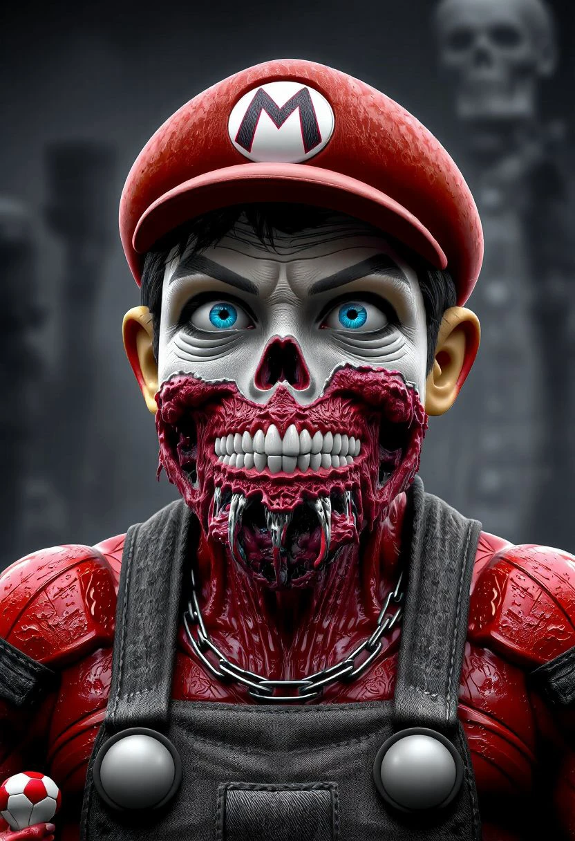 photorealistic Mario Zombie from Resident Evil, long spindly arms, short legs, mario hat, bloody