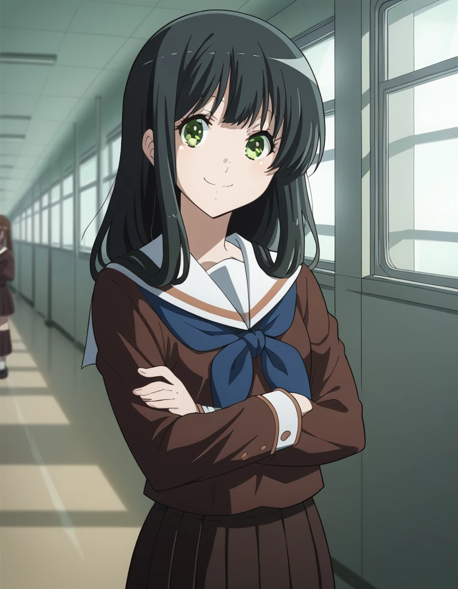 score_9, score_8_up, score_7_up, source_anime, <lora:sari-yoshii-s3-ponyxl-lora-nochekaiser:1>, sari yoshii, long hair, bangs, black hair, green eyes,, school uniform, serafuku, neckerchief, kitauji high school uniform, brown shirt, white sailor collar, blue neckerchief, brown skirt, pleated skirt,, airport, waiting area, suitcase, flight delayed, passengers, reading book, smile, crossed arms, smug, looking at viewer, solo,, dutch angle, cowboy shot