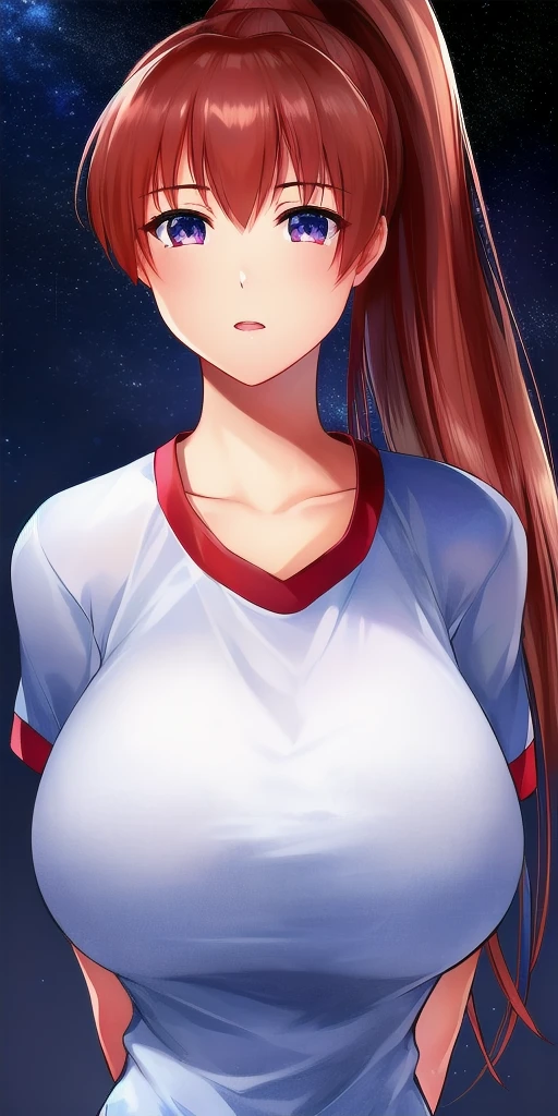 <lora:KasumiHellabunaV6:.8> kasumi_hellabuna, huge_breasts, standing, solo, arms_behind_back, starry_sky, high_ponytail, gym_uniform,, masterpiece, best_quality, detailed_face, detailed_eyes, highres, beautiful, detailed, absurdres,