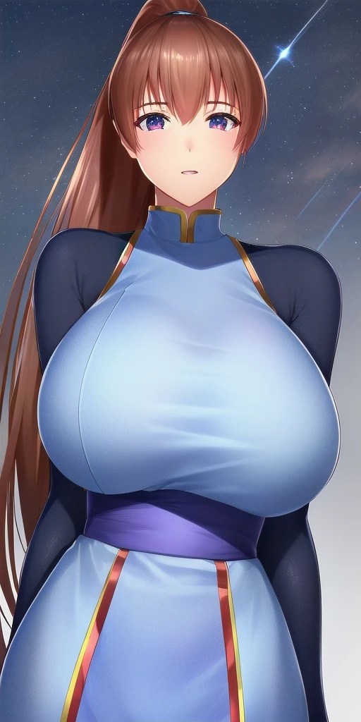 <lora:KasumiHellabunaV6:.8> kasumi_hellabuna, huge_breasts, standing, solo, arms_behind_back, starry_sky, high_ponytail, pelvic_curtain,, masterpiece, best_quality, detailed_face, detailed_eyes, highres, beautiful, detailed, absurdres,