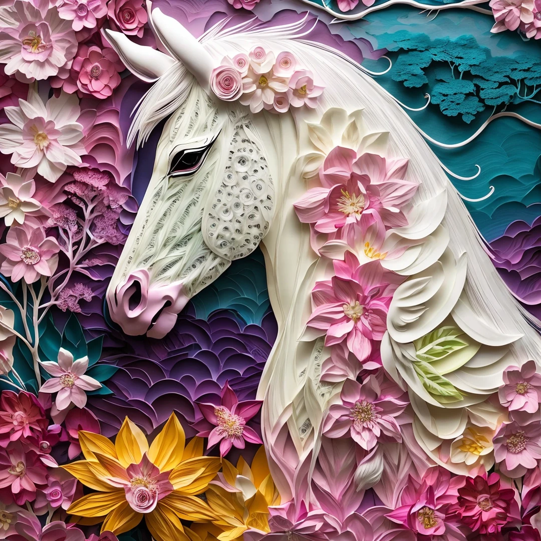 horse,nature,flower,sakura,scenery,fantasy,abstract,colorful,(portrait),Highly detailed,(ultra-detailed),(best quality,masterpiece:1.5),<lora:paper art:0.9>,paper art,