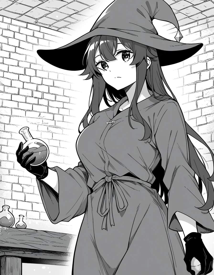 score_9, score_8_up, score_7_up, source_anime, <lora:hashira-harumachi-manga-ponyxl-lora-nochekaiser:1>, hashira harumachi, long hair, bangs, monochrome, greyscale, large breasts,, <lora:wizard-ponyxl-lora-nochekaiser:1>, wizard, wizard hat, robe, dress, long sleeves, gloves,, indoors, bricks, potion, flask, vial,, cowboy shot,, , dutch angle, cowboy shot