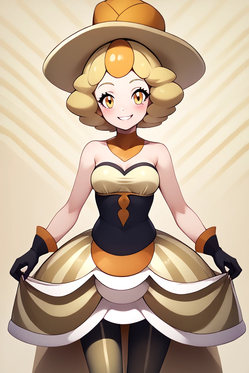 score_9, score_8_up, score_8, medium breasts, (curvy), cute, eyelashes,       ,,, , ,,,   zzNita, yellow eyes, blonde hair, short hair, yellow hat, yellow dress, bare shoulders, black gloves, pantyhose, <lora:Nita_Pokemon_PDXL:1.0>,       ,,,, BREAK, closed mouth, alternate costume, smile, looking at viewer, blush, ,,, zzLFashion, frilled dress, frills, bow, dress, striped thighhighs, sweetL, cowboy shot, ,,, embedding:zPDXL, Expressiveh, ,,, <lora:Vivid:0.7>, <lora:LFashionPDXL:1>, <lora:Uncensored_PonyXL_cpt_v02.09:0.4>, <lora:Expressive_H-000001:0.4>,