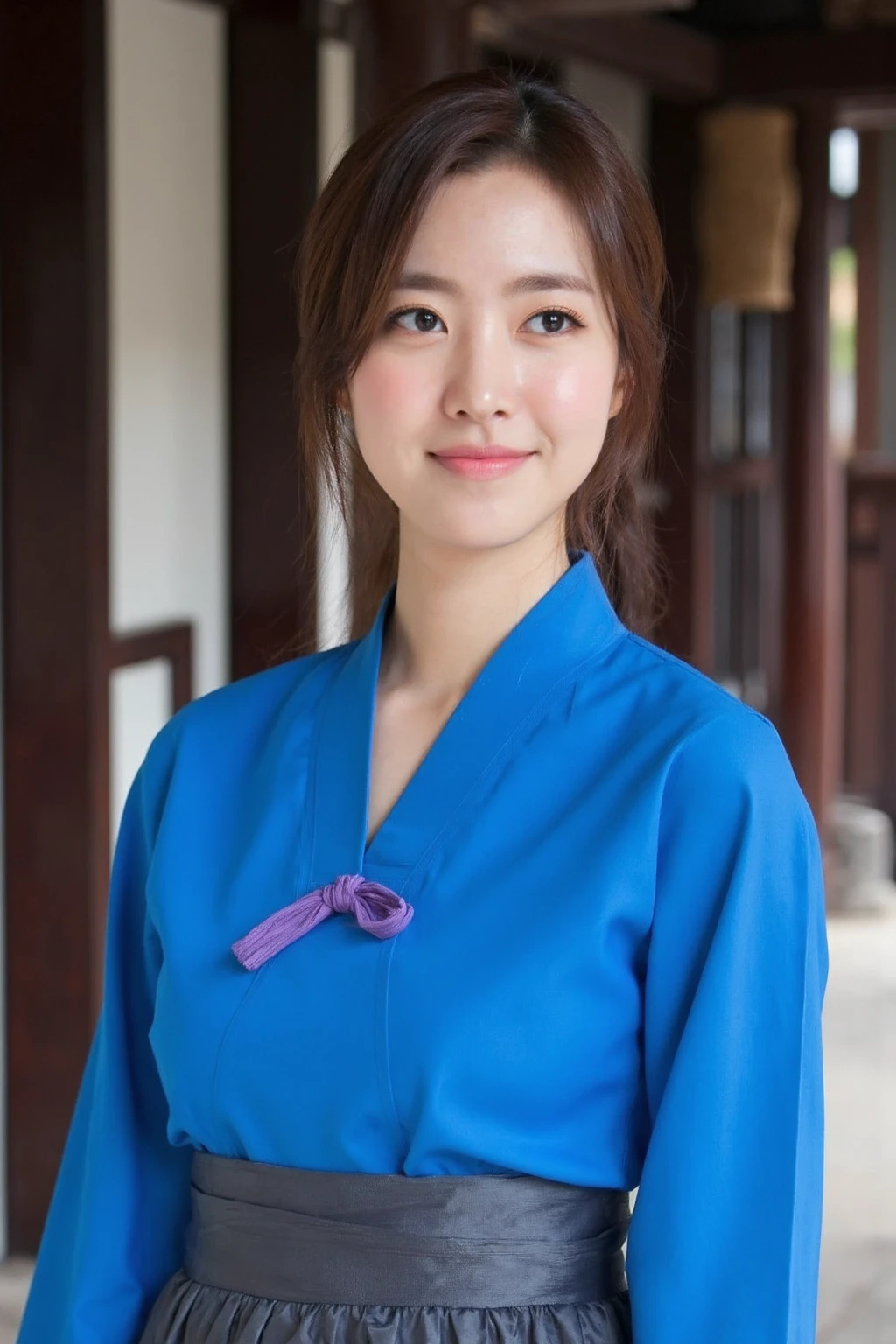 In a smiling young korean woman is dressed in traditional Korean clothing, known as a hanbok. The hanbok consists of a vibrant blue jeogori (the upper garment) and a dark grey or black chima (a long, full skirt). The jeogori has a small purple ribbon tied in front, adding a touch of color contrast. The outfit exudes elegance and simplicity, reflecting traditional Korean aesthetics.
Her hair is neatly parted and styled in a classic low bun, which complements the traditional nature of her attire. This type of hairstyle was common in historical periods of Korea, particularly among women of noble or upper-class status, or in a formal context.
The womanâs expression is calm but slightly distant, as if she is deep in thought or observing something. korean palace interior background.
This type of clothing and setting suggest the woman could be from a historical drama or a reenactment of a past era, with the focus on portraying elegance and tradition., <lora:flux_realism_lora:1>,<lora:makinaflux_jinseyeon_v1.0:1>