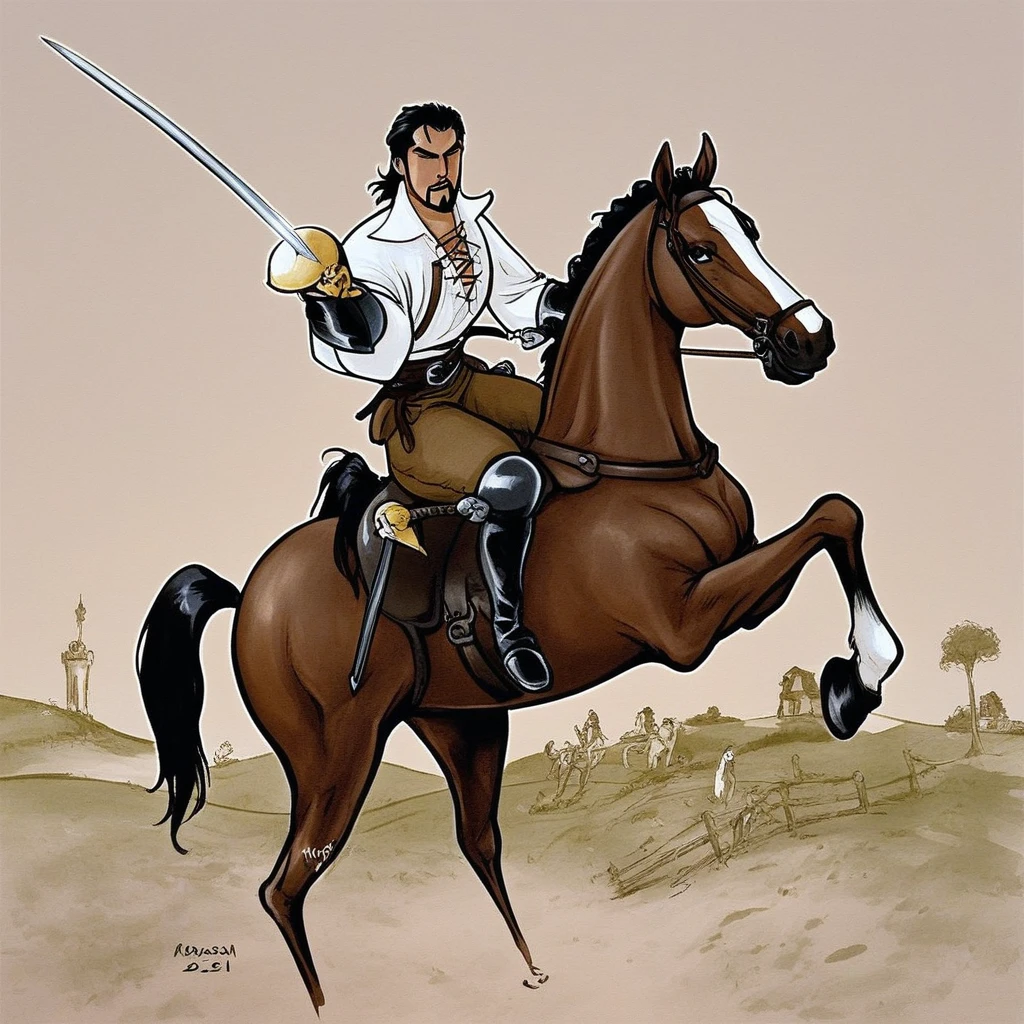 1boy, riding a horse, holding weapon, sword