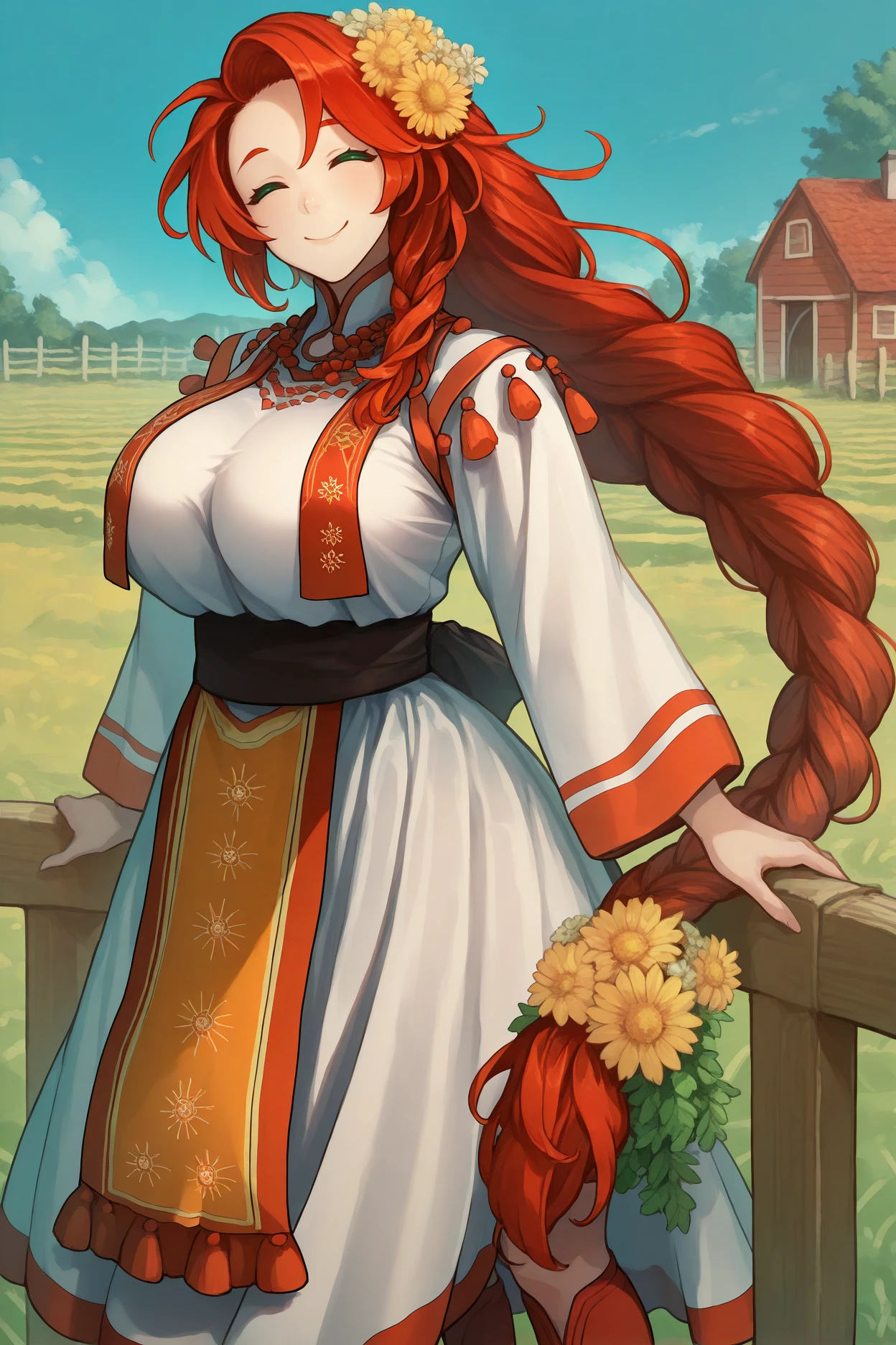 masterpiece, best quality, 1girl, solo,  <lora:fetitania-illu-nvwls-v1-000005:1> valTtna, red hair, green eyes, hair flower, braided ponytail, white dress, tabard, sash, long sleeves, red boots, big breasts, farm, fence, blue sky, happy, smile, closed eyes, looking at viewer