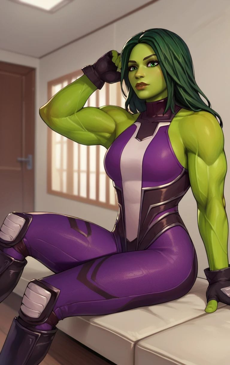 score_9,score_8_up,score_7_up BREAK <lora:shehulk:1>,shehulkFN,1girl,long hair,gloves,green eyes,green hair,black gloves,fingerless gloves,lips,bodysuit,colored skin,muscular female,green skin,superhero,purple bodysuit,room,room backgroud,sitting,