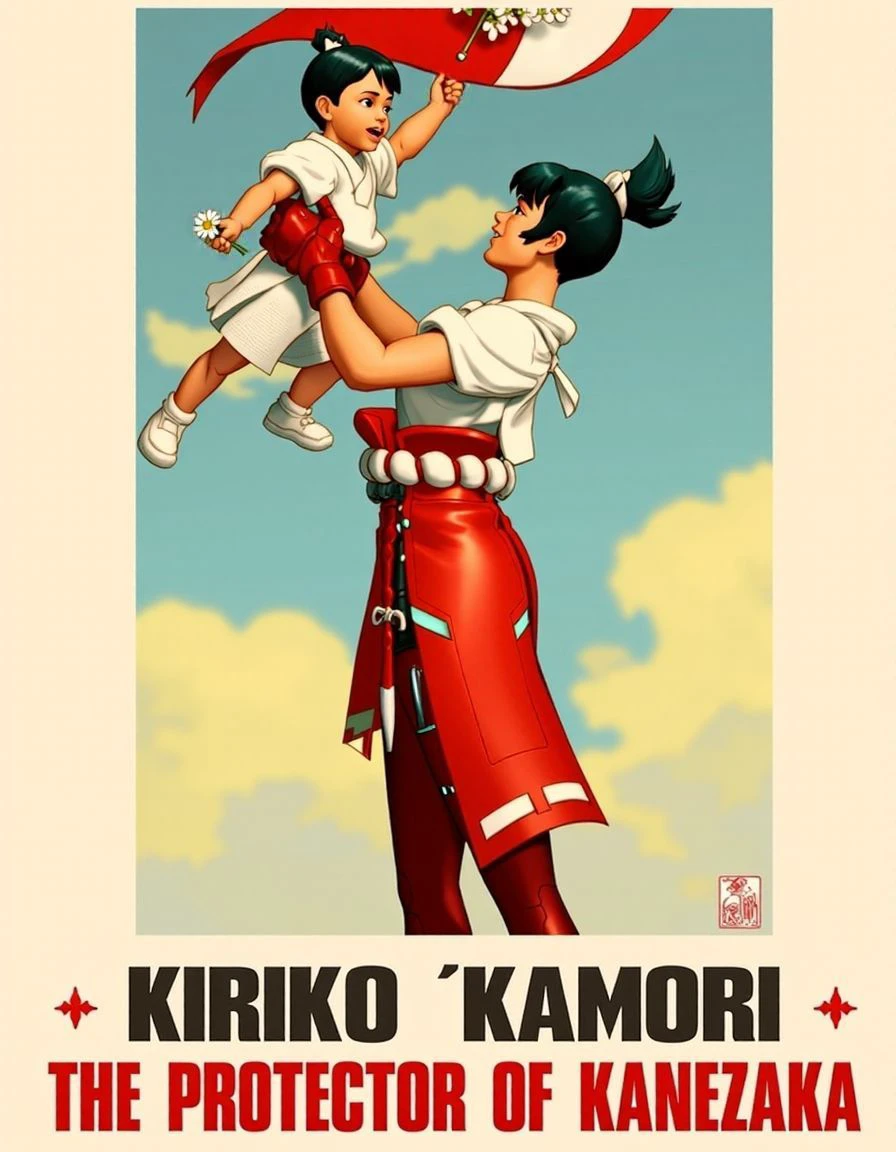 The image is a stylized poster of a young Japanese woman kirikokamori in the style of Soviet Socialist Realism, often used for propaganda purposes. It aims to portray a sense of warmth and fatherly benevolence. kirikokamori is wearing kitsunemask.
The scene features kirikokamori holding a young child aloft with both her arms. The child, a fair-haired toddler, is dressed in white and holds a small bouquet of white flowers in his left hand and the staff of a flag of Japan in his right. The flag, unfurled in the breeze above them, is a bright.
kirikokamori is looking upwards towards the flag with a slight smile. Her posture is strong and upright, conveying a sense of power and stability. The background is a simple, pale blue sky, keeping the focus on the figures.
The overall color palette is warm and inviting, dominated by reds, yellows, and browns. The style is realistic but idealized, with smooth brushstrokes and a focus on conveying a clear, positive message.
There is a striking and empowering font below the poster saying "Kiriko Kamori - The Protector of Kanezaka"