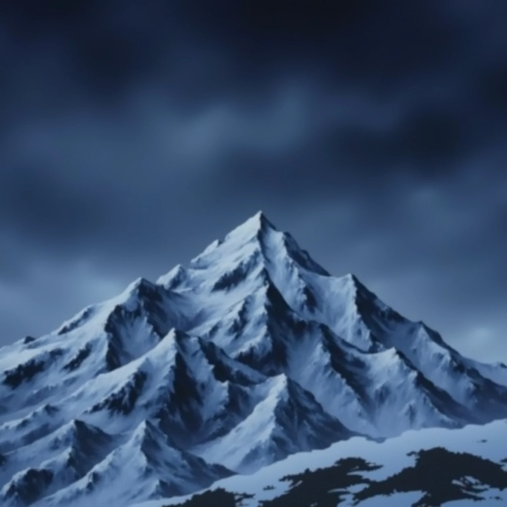 A mountain range in a medium shot with turbulent snowy weather with a dark cloudy background.