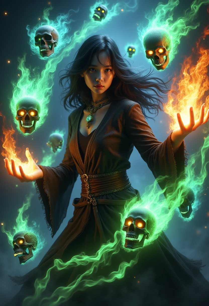 skelewitch, a asian girl, fighting pose, casting spell, with hands on fire, glowing eyes, skulls and skeletons made of green and blue flame flying surround the person, aura, energy flow, wind,