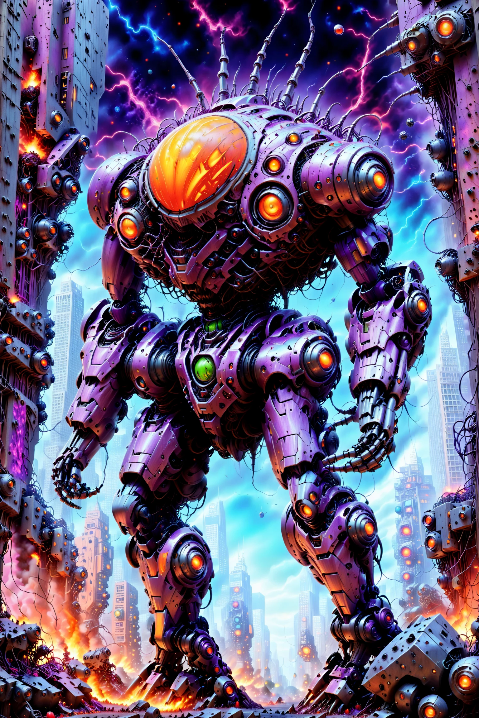 A monstrous colossal killer robot gone haywire on a rampage destroying an entire futuristic megacity in vivid visual intense detail with ultra colors and hyper hallucinatory visual effects