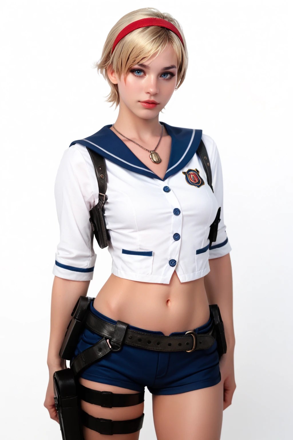 <lora:RE_SherryBirkin-PONY:0.8> sherryfuku, blonde, makeup, short hair, blue eyes, hairband, school uniform, midriff, short shorts, necklace, thigh holster, belt, cowboy shot, white background, photo, score_8_up, score_7_up, score_6_up, score_5_up, score_4_up,