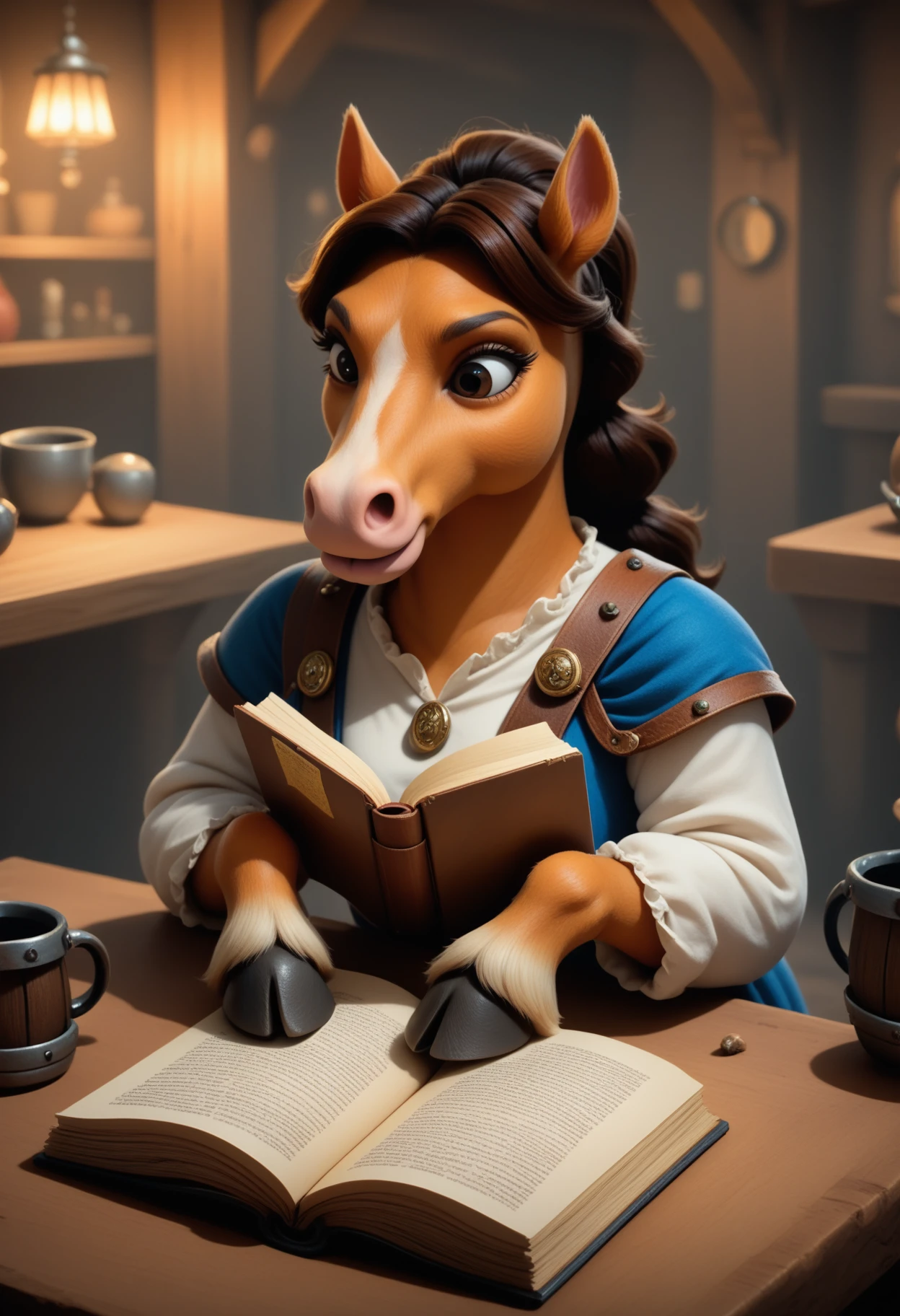 mariorpgstyle, safe_pos, score_9, score_8_up, score_7_up, 1girl, solo, medieval fantasy, female horse, furry, reading a book, tavern, hooves