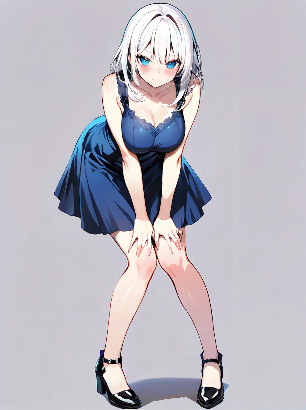 masterpiece,ultra-detailed,best quality,8K,illustration,cute face,clean skin ,shiny hair,girl,large breasts,ultra-detailed-eyes,simple background,white hair, blue eyes,blue dress <lora:pigeon-toed_illustrious_V1.0:0.8> uchimata, pigeon-toed,hands up,spread feet,suquatting,hands on knee