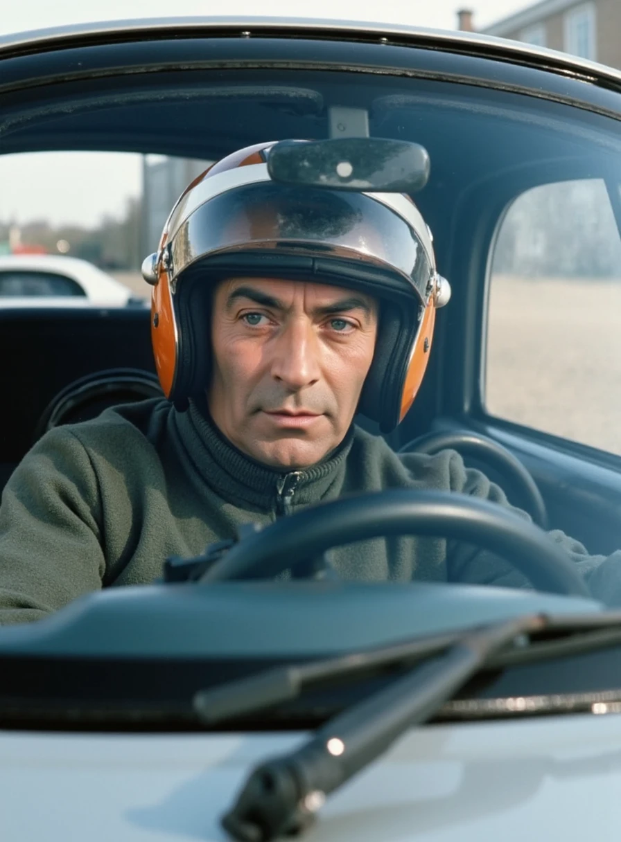 this high quality photo is depicting legendary french actor Louis de Funes a man 49 years old (defunex) that play a prototype car le mans pilot, in his hypercar prototype cockpit driving at full speed, front view closeup focus on the driver, he is holding the wheel and he is focused and try to win the race, perfect reflection and refraction on the glass surface, greatly detailed car interior and amazing acting as he is focused and determined, wearing a futuristic helmet with large transparent visor we can pleainly see his face and expression, very talented comedian and driver, real life, cinematic lighting, dynamic lighting, dramatic lighting, film grain, great composition, filmed by stanley kubrick, 2001 a space odyssey vibe, ultra high quality, image sharpness, intensity, cliffhanger, sense of speed and danger 