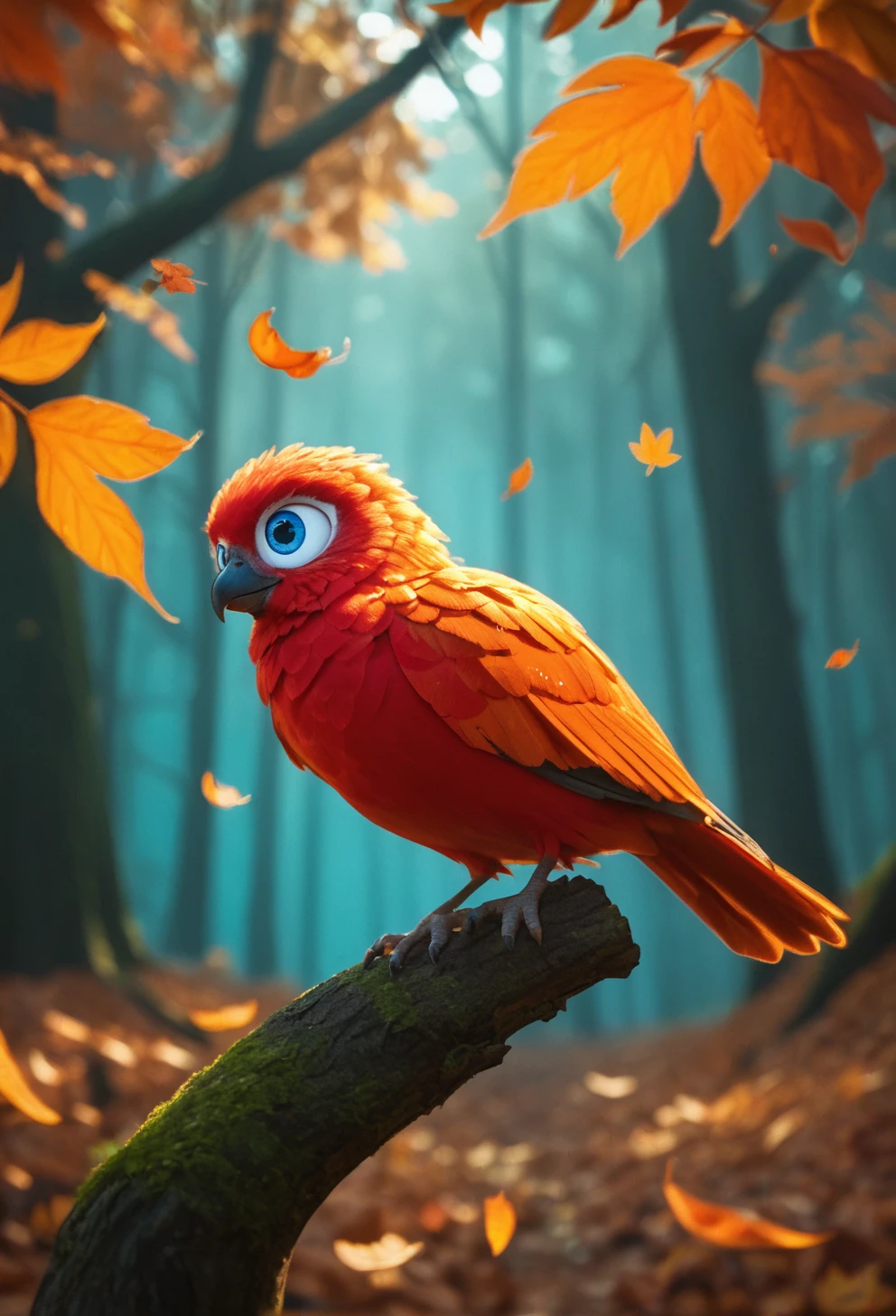 score_9_up, score_8_up, score_7_up, BREAK zy_animation, vibrant CGI depiction, lively green-feathered bird, expressive face, warm colorful autumn forest backdrop, engaged in conversation, wide eyes, curious expression, playful personality, animated character, detailed feathers, warm lighting, autumn leaves, dynamic pose, whimsical atmosphere, immersive forest setting, fantasy style , <lora:zy_Animation_Shot_PonyRealism_v1:0.85>