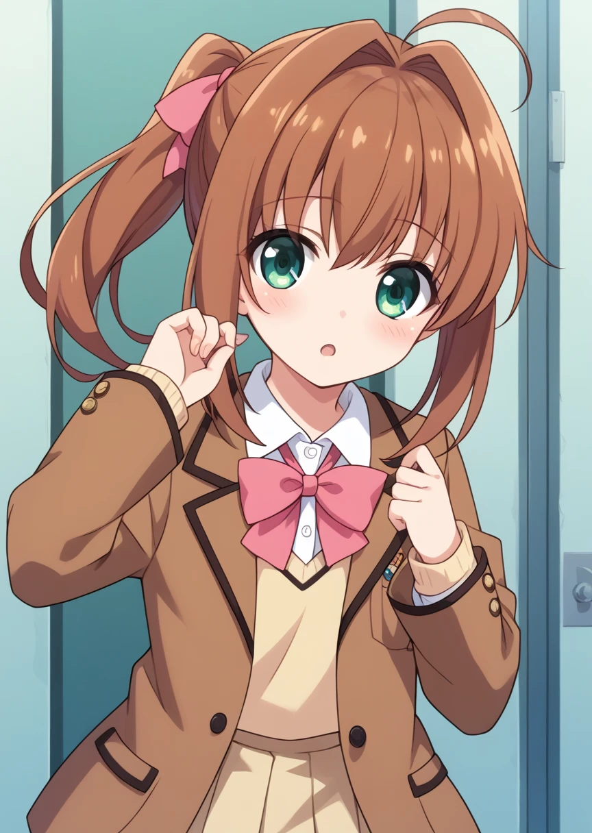 score_9, score_8_up, score_7_up, score_6_up, score_5_up, BREAK
Akar1, human, female, 1girl, solo, looking at viewer,side ponytail, blush, open mouth, brown hair, long sleeves, bow, ribbon, school uniform, green eyes, hair ribbon, upper body, ahoge, bowtie, :o, pink bow, brown jacket