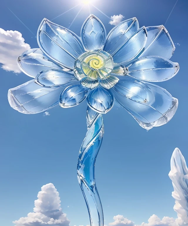 <lora:SpiralcorisSharp50DreamShSkip4:0.8> a crystal flower with spiral core, crystallic, blue, sky, nature background, realism