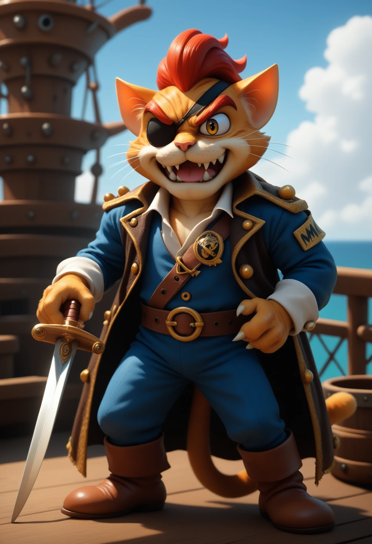 mariorpgstyle, safe_pos, score_9, score_8_up, score_7_up, 1boy, pirate captain, cat, solo, anthro, evil, fangs, eyepatch, holding, sword, pirate ship
