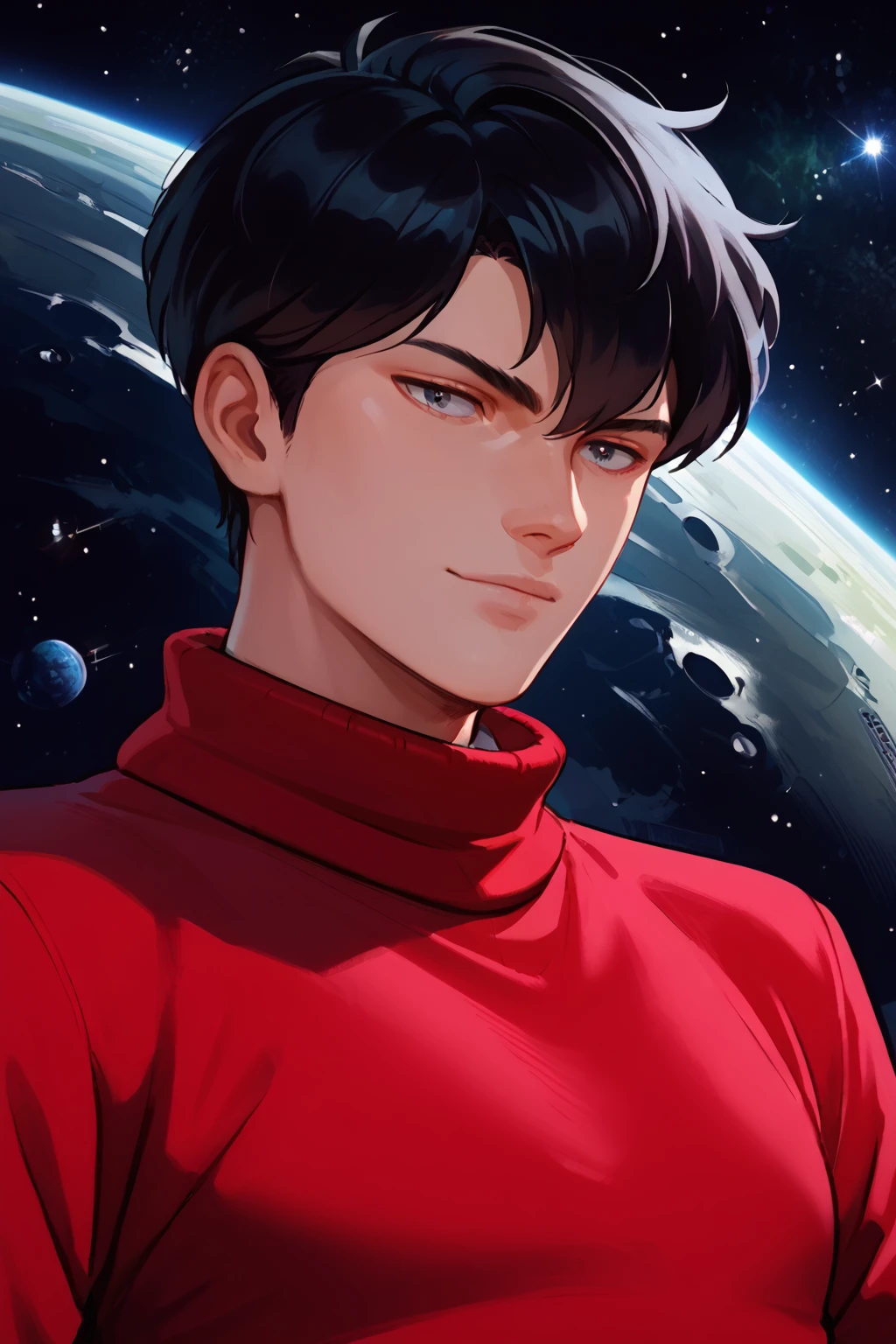 sci-fi illustration, gyunei, solo male, handsome face, black hair, shirtless, slim build, red sweater, <lora:gyunei:0.8>, in space station, sleek, space background, (score_9, score_8_up, score_7_up)