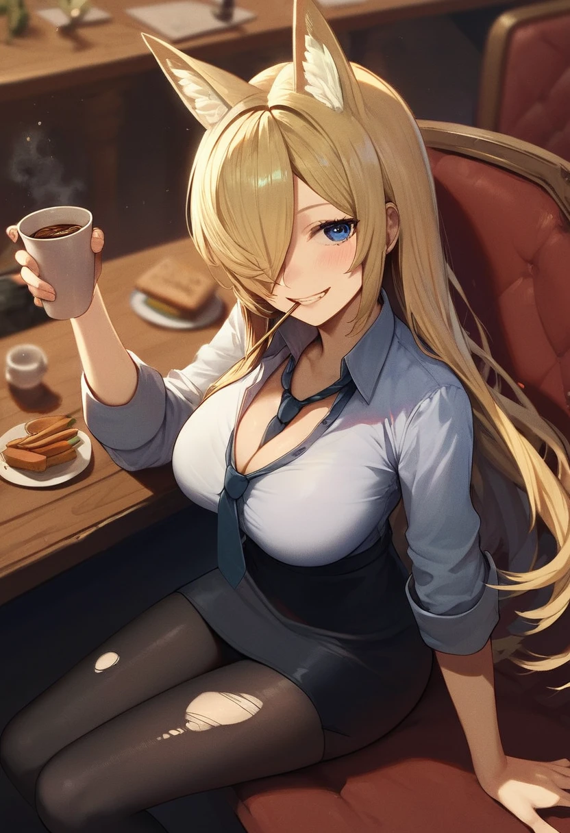 score_9, score_8_up, score_7_up, slvtk, 1girl, breasts, pantyhose, solo, blue eyes, animal ears, cleavage, large breasts, cup, hair over one eye, skirt, sitting, necktie, smile, shirt, long hair, black skirt, looking at viewer, blonde hair, collared shirt, grin, animal ear fluff, holding, black pantyhose, food, blush, torn pantyhose, sleeves rolled up, holding cup, mouth hold