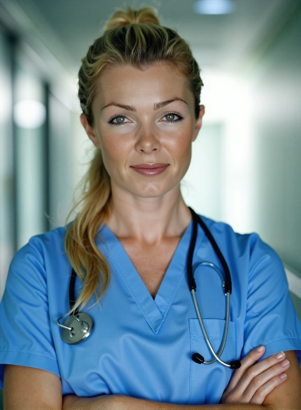 A professional stock photograph of a young woman Nell_McAndrew with blonde hair in a pony tail, working as a nurse in a hospital, shot for an in-house magazine, detailed skin, bokeh, SFW<lora:Nell_McAndrew:1>