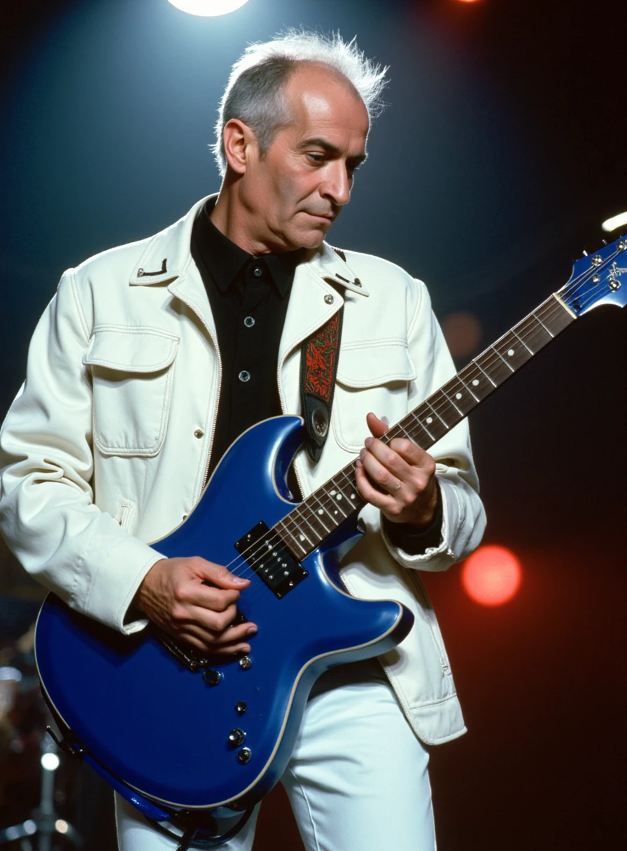 this high quality photo is depicting legendary french actor Louis de Funes a man 49 years old (defunex) that play a legendary rock star guitarist, playing electric guitar on stage, wearing a cyberpunk white jacket with many pockets, on stage, focused, very talented musician, holding his colbalt blue strickingly custom stunning electric guitar, making a chord, agile, real life, cinematic lighting, dynamic lighting, dramatic lighting, film grain, great composition, filmed by stanley kubrick, 2001 a space odyssey vibe, ultra high quality, image sharpness, award winning music