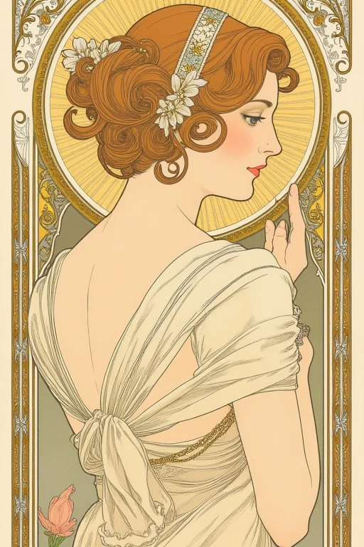 Art Nouveau Poster: A Woman in a Gilded Frame,Surrounded by Floral Patterns and Decorative Elements. Alphonse Mucha style.,