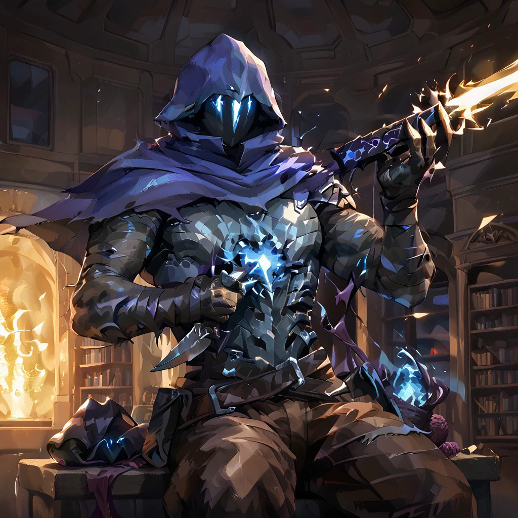 gloves, shoulder armor, firing, cape, armor, knife, male focus, bookshelf, holding knife, muscular, holding gun, abs, indoors, fire, sitting, outdoors, hood, gun, solo, shadowy", crystal, gauntlets, hooded cloak, black gloves, muscular male, yarn, helmet, belt, torn clothes, black armor, sky, no humans, gradient, brown eyes, brown pants, upper body, blue cape