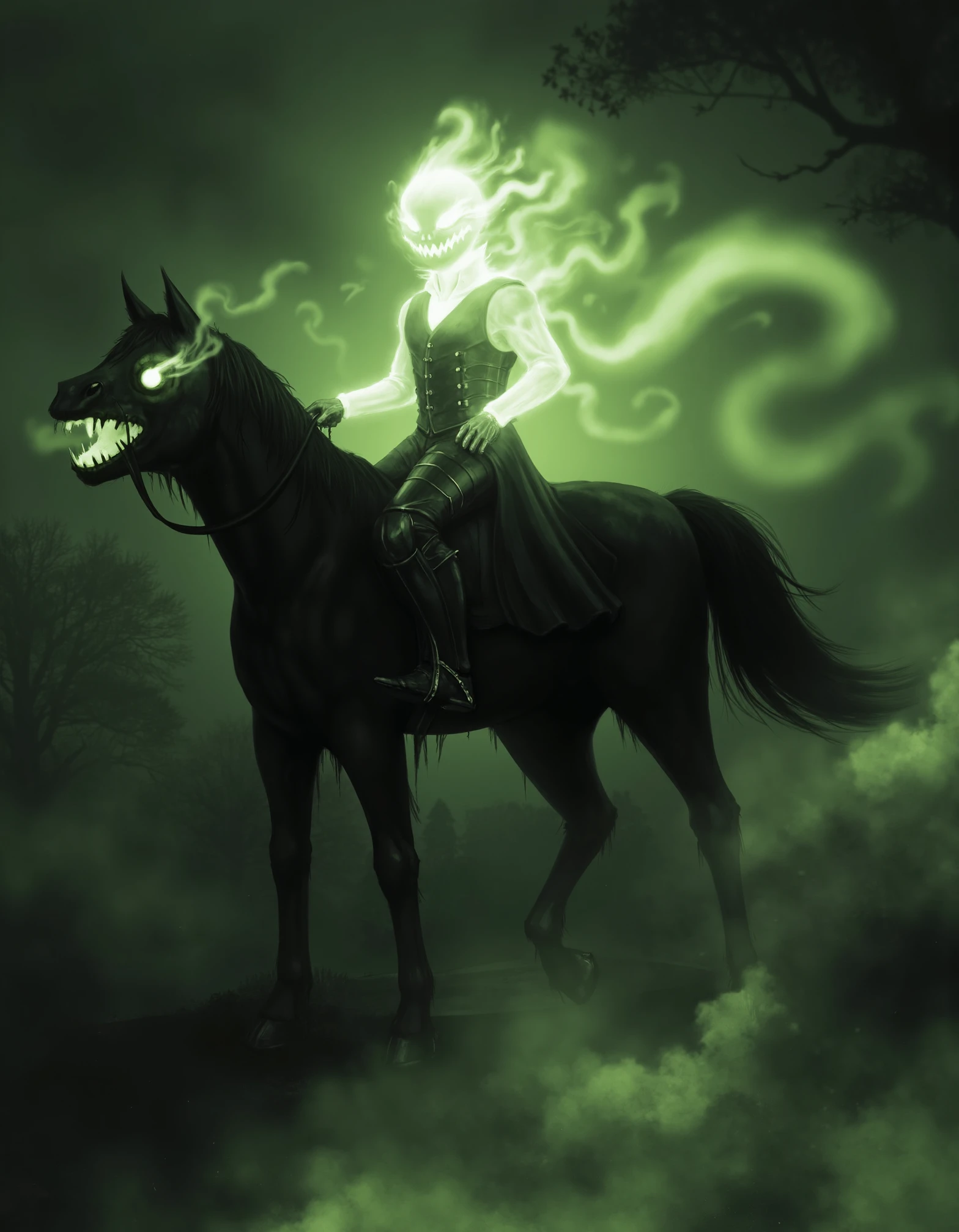 zavy-hdlsshrsmn, Close-up view, dark fantasy art style, rider on a horse with a glowing presence, misty and spooky environment, monochrome with eerie green hues.