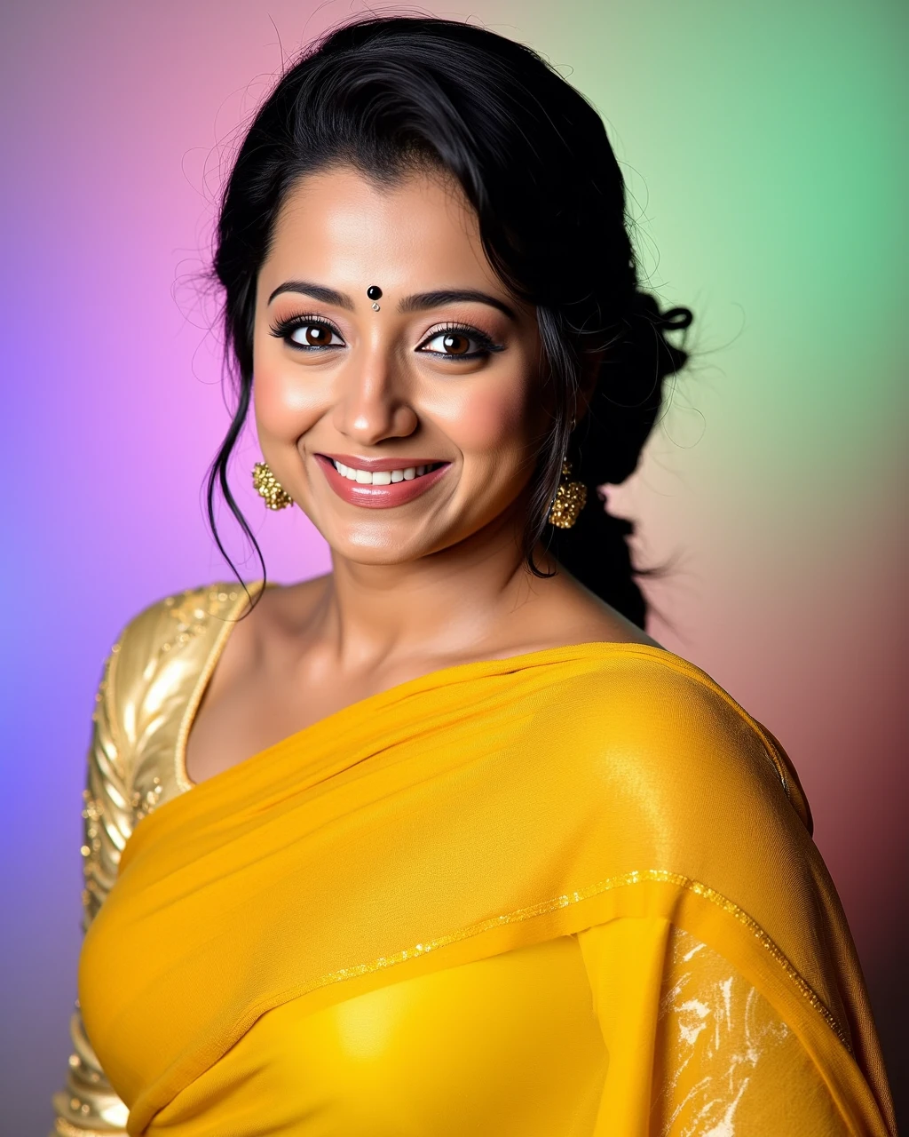 headshot photo of Trisha Krishnan woman,candid photo with natural colors, smiling expression on face,nose pin, studio quality, wearing intricate elegant long sleeved Yellow Saree, curls, pastel shaded multicolored background, cinematic lighting<lora:TestBed\Trisha_Krishnan_Flux_Kohya_V1-000004.safetensors:0.8:0.8>