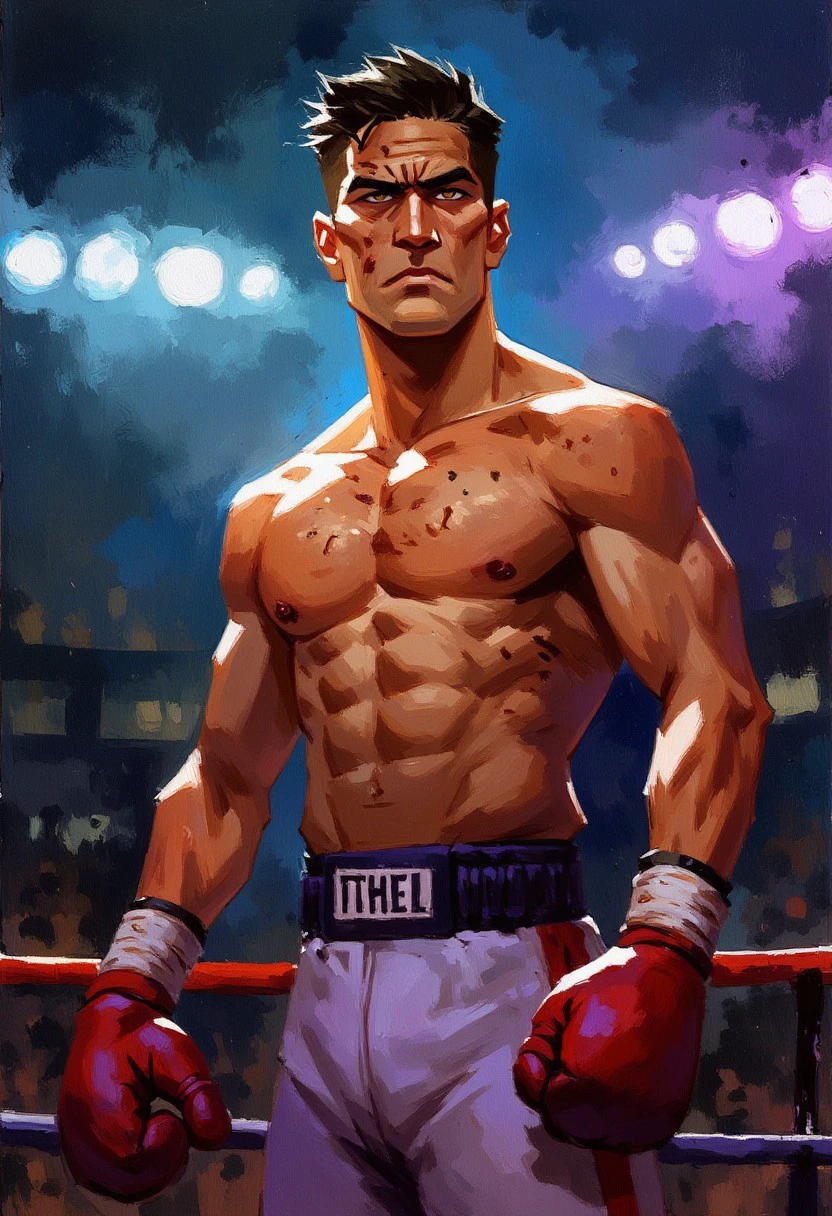 oil painting portrait rendered in a loose, impressionistic style with thick, expressive brush strokes, depicting a close-up of a male boxer, with boxing gloves, focusing on his intense boxing match and battle-worn appearance. The subject has a strong jawline, piercing brown eyes, and a determined gaze. His skin is a light tan with visible sweat and dirt, and there are numerous cuts and abrasions, particularly around his cheek and eyebrow area. He is standing in a boxing ring surrounded by the cheering crowd and spotlights backlighting him. he is rim-lighted with purple highlights