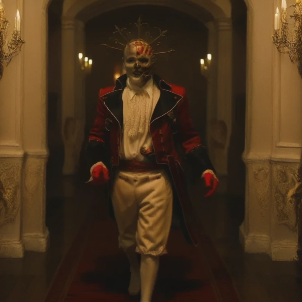 redjackdp, Red Jack walking slowly down a dark, opulent corridor in a Victorian mansion. He wears a red military coat with intricate gold embroidery, a white ruffled shirt, and a skeletal half-mask with an ornate gold spiked crown. His intense gaze is fixed forward, and the shadows cast an eerie glow over his pale, skeletal features. His coat flows as he moves, his white-gloved hands swinging slightly with each step. The dim lighting and gothic atmosphere create a sense of mystery and foreboding as he strides down the hallway.