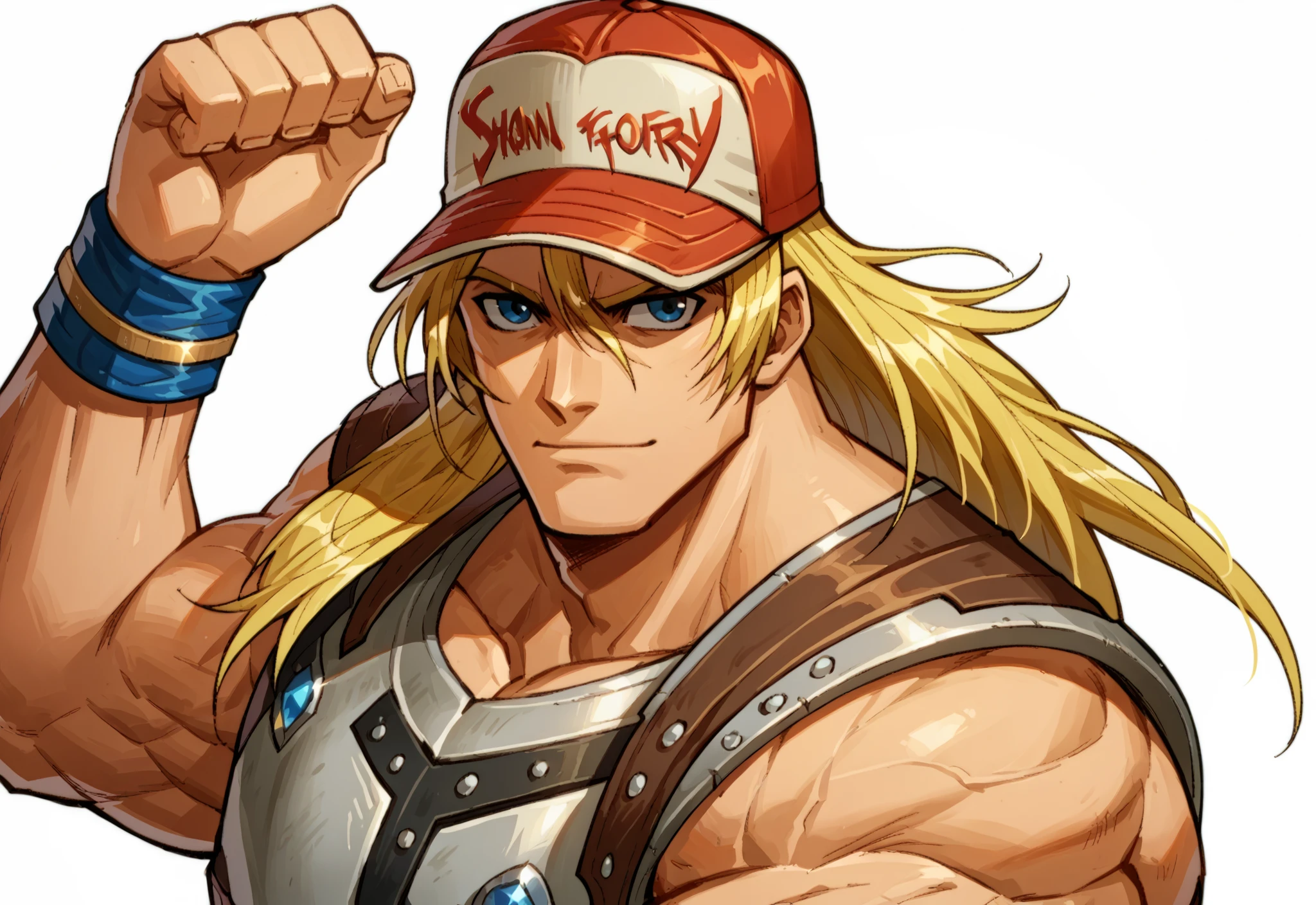 Simon wearing Terry's baseball cap, score_9, score_8_up, score_7_up, score_6_up, full body, simon belmont, simonbel, ((leather armor)), stylized brown breastplate, ((((single pauldron))), metal wristbands, shoulder length blonde hair, TerryBogard, baseball cap, hat, close up, 