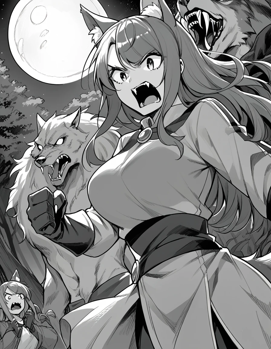 score_9, score_8_up, score_7_up, source_anime, <lora:maya-akitsu-manga-ponyxl-lora-nochekaiser:1>, maya akitsu, long hair, bangs, monochrome, greyscale, large breasts,, <lora:werewolf-ponyxl-lora-nochekaiser:1>, werewolf, furry, fangs, animal ears, gloves, angry, teeth, animal ear fluff,, forest, night, moon, open mouth, , dutch angle, cowboy shot