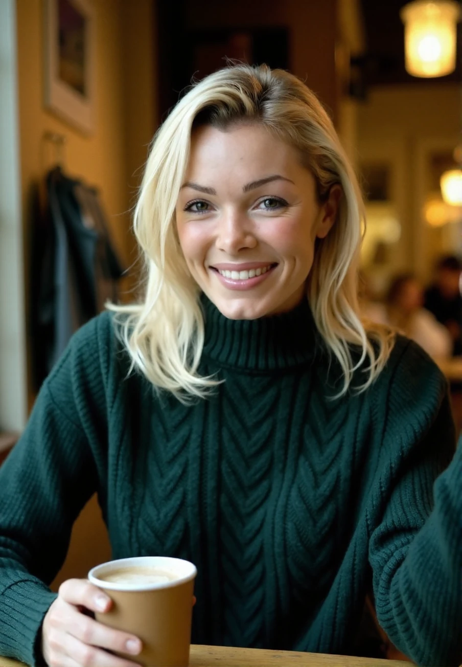 A professional photograph of a blonde haired young woman, Nell_McAndrew, wearing a dark green cable-knit sweater, holding a latte in a cafe, detailed skin, bokeh, SFW<lora:Nell_McAndrew:1>