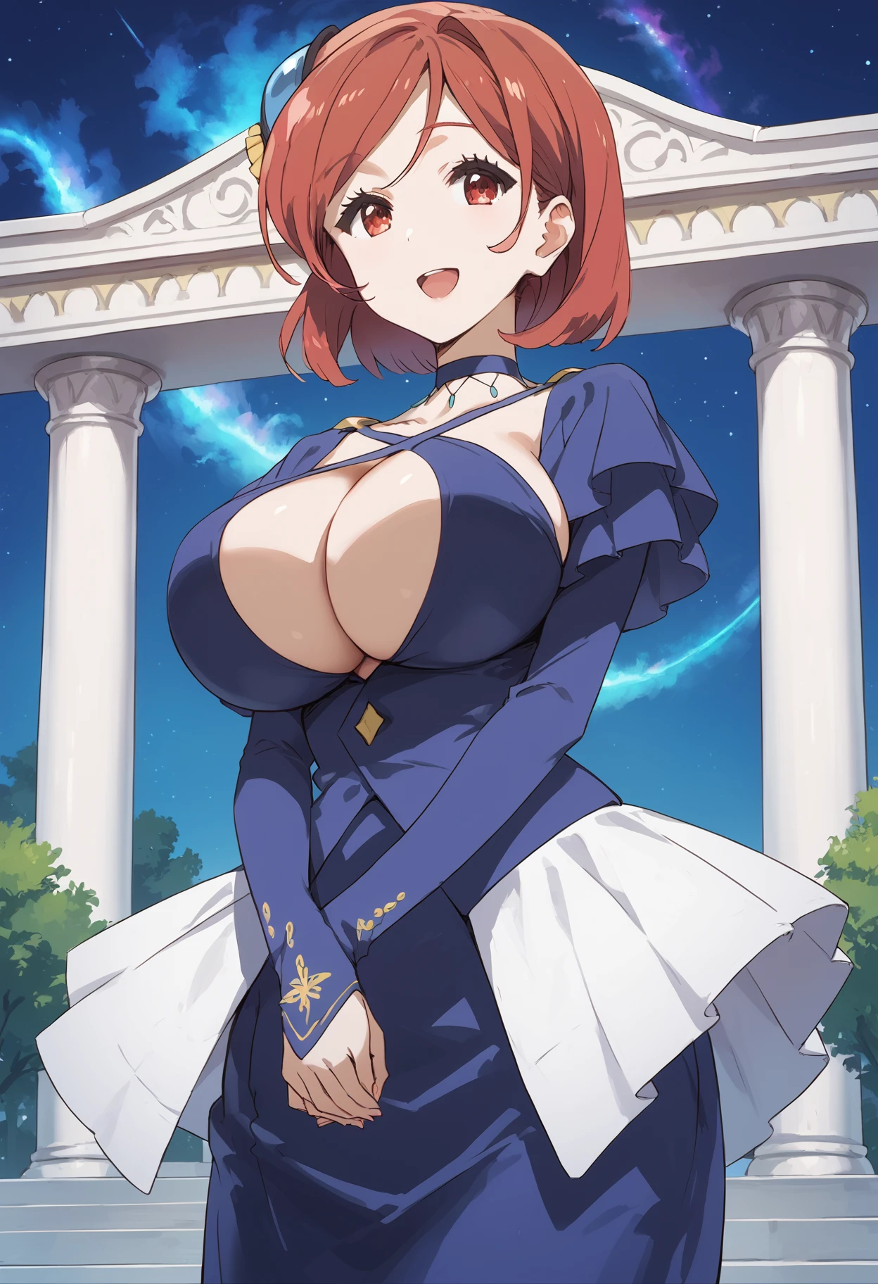 score_9, score_8_up, score_7_up, , source_anime, , 1girl, ariadoa,, solo, frilled dress, cleavage, jewelry choker, short hair, long sleeves,hair ornament, looking at viewer, blue dress, red eyes, red hair, criss-cross halter ,standing, (cowboy shot:1.5), huge breasts, smile, open mouth,, night sky, starry sky, pillar, column, aura, rainbow, milky way, own hands together, <lora:ariadoa_ponyv2:1>