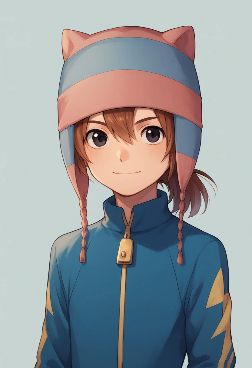 score_9, score_8_up, score_7_up, source_anime, highly detailed, 
matsuno, 1boy, male focus, solo, brown hair, ponytail, black eyes, hat, animal hat, sportwear, raimon,  jacket, track jacket, track suit, upper body, smile
outdoor,