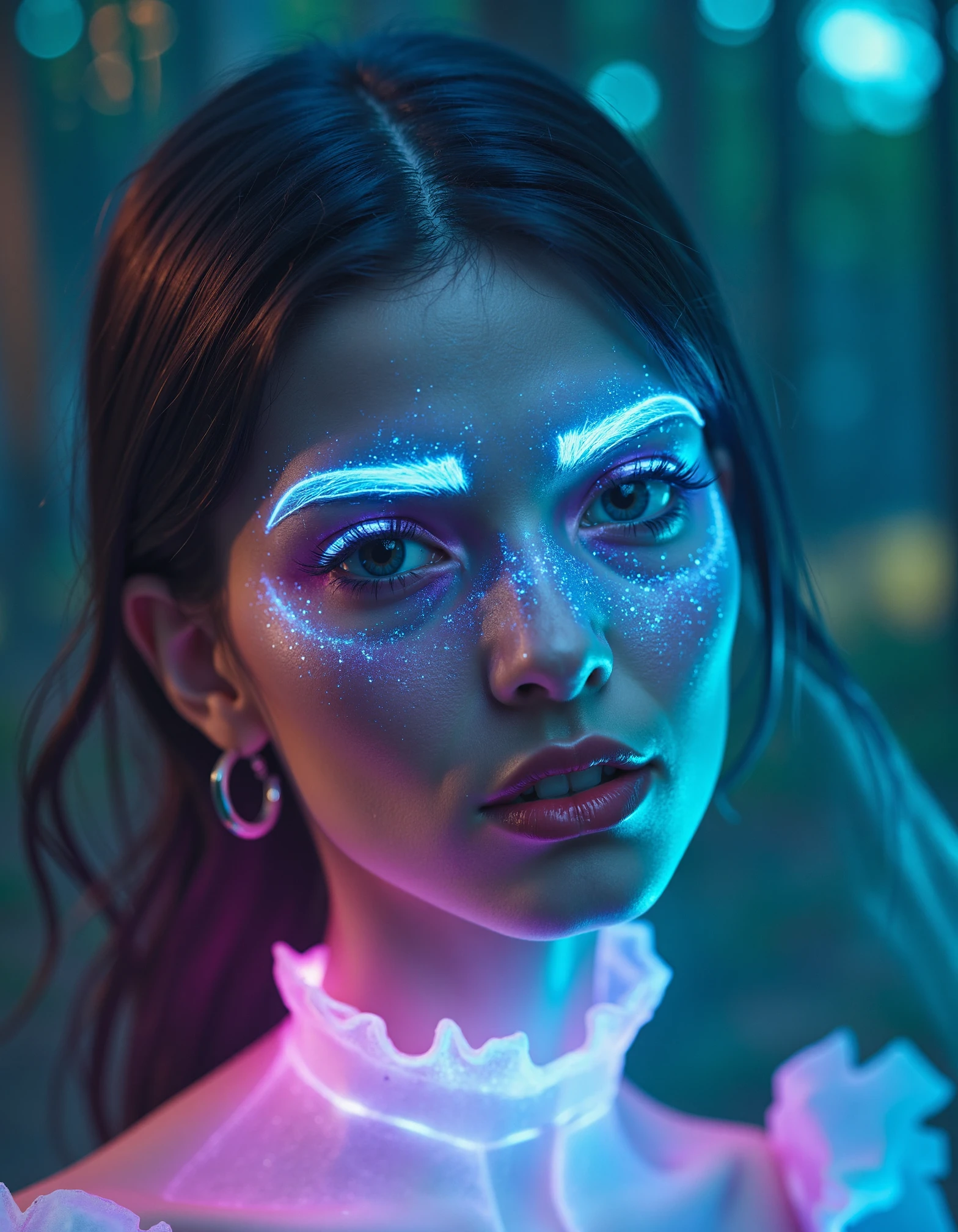 zavy-spctrlglw, Close-up portrait, ethereal glowing skin that radiates a soft luminescence highlighting her delicate features, mystical forest with soft, diffused light filtering through the trees, dreamy and surreal photographic style with a focus on capturing the otherworldly essence, pastel hues with pops of vibrant neon colors enhancing the spectral glow.